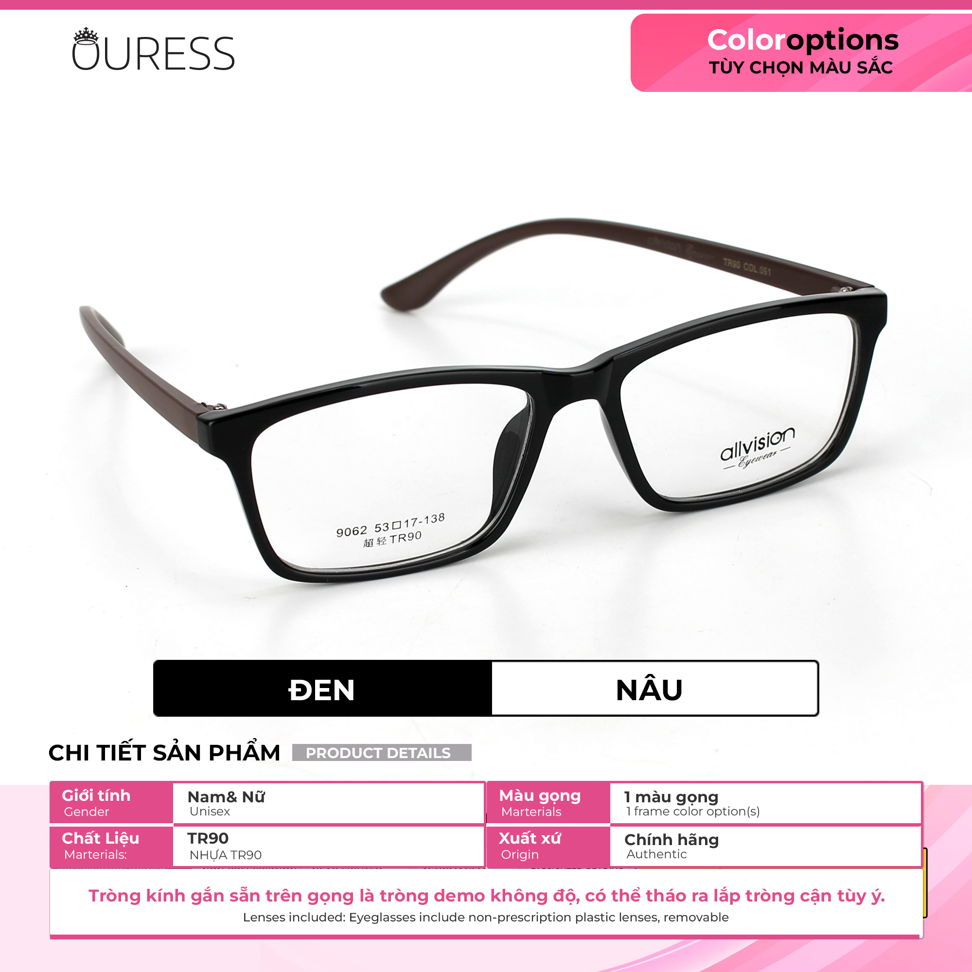 Gọng kính nhựa 9062 thời trang nam nữ siêu nhẹ siêu bền OURESS