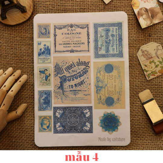Sticker tự cắt Blue mix ephemera - sticker vintage dán, trang trí sổ nhật kí, sổ tay | Bullet journal - kc003