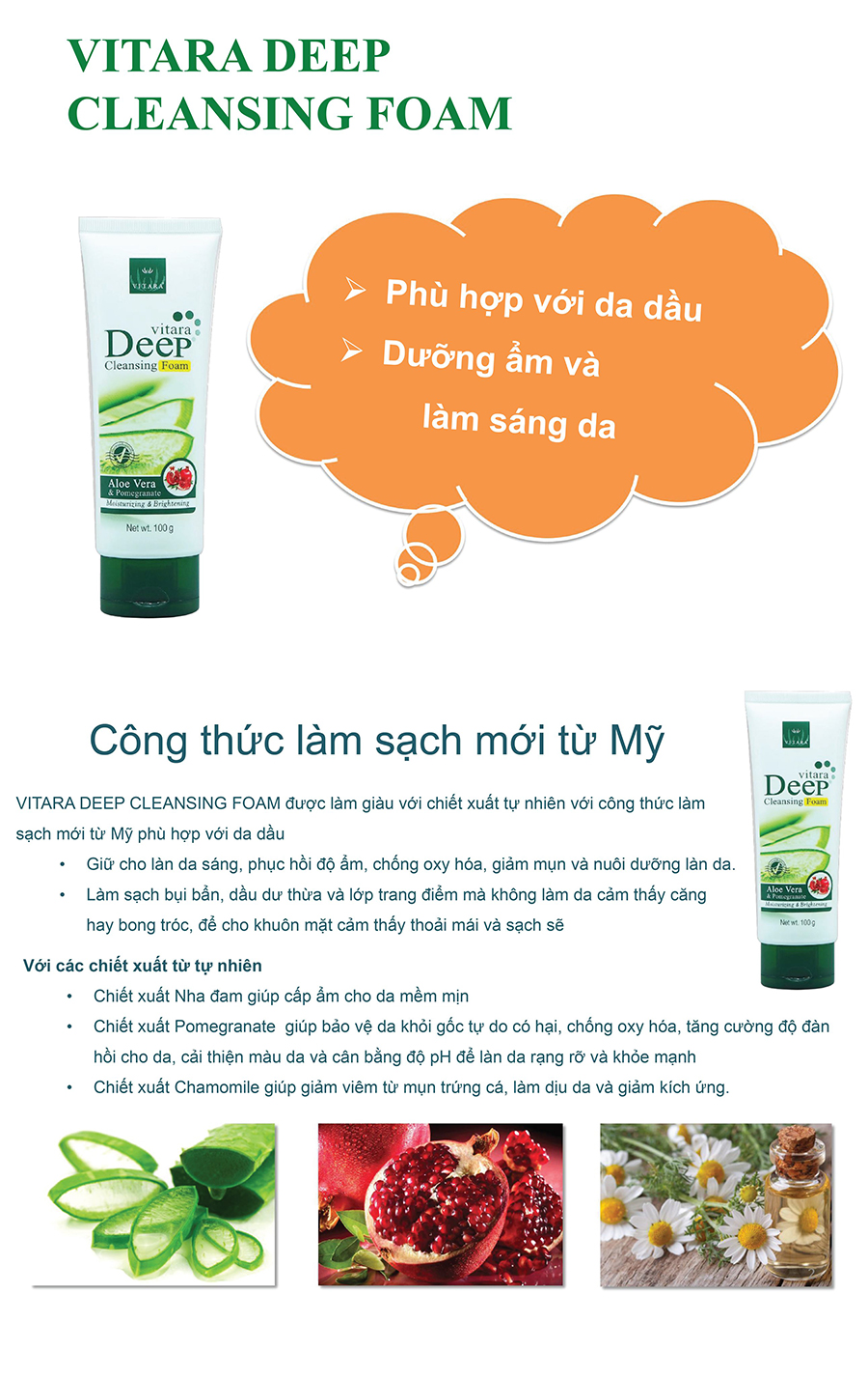 Gel Rửa Mặt Loại Bỏ Dầu, Bụi Bẩn, Lớp Trang Điểm, Ngừa Mụn, Giữ Ẩm Vitara Deep Cleansing Foam