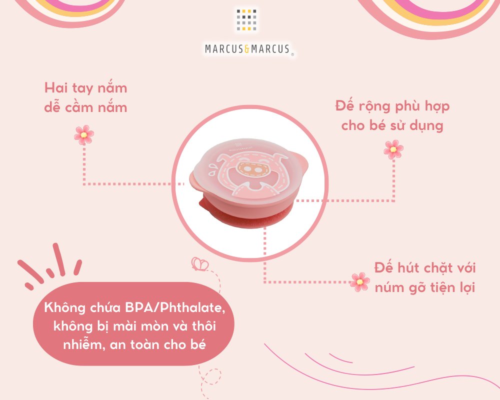 Bát tập ăn silicon có nắp và đế hút chân không chống đổ cho bé Marcus & Marcus, từ 12 tháng