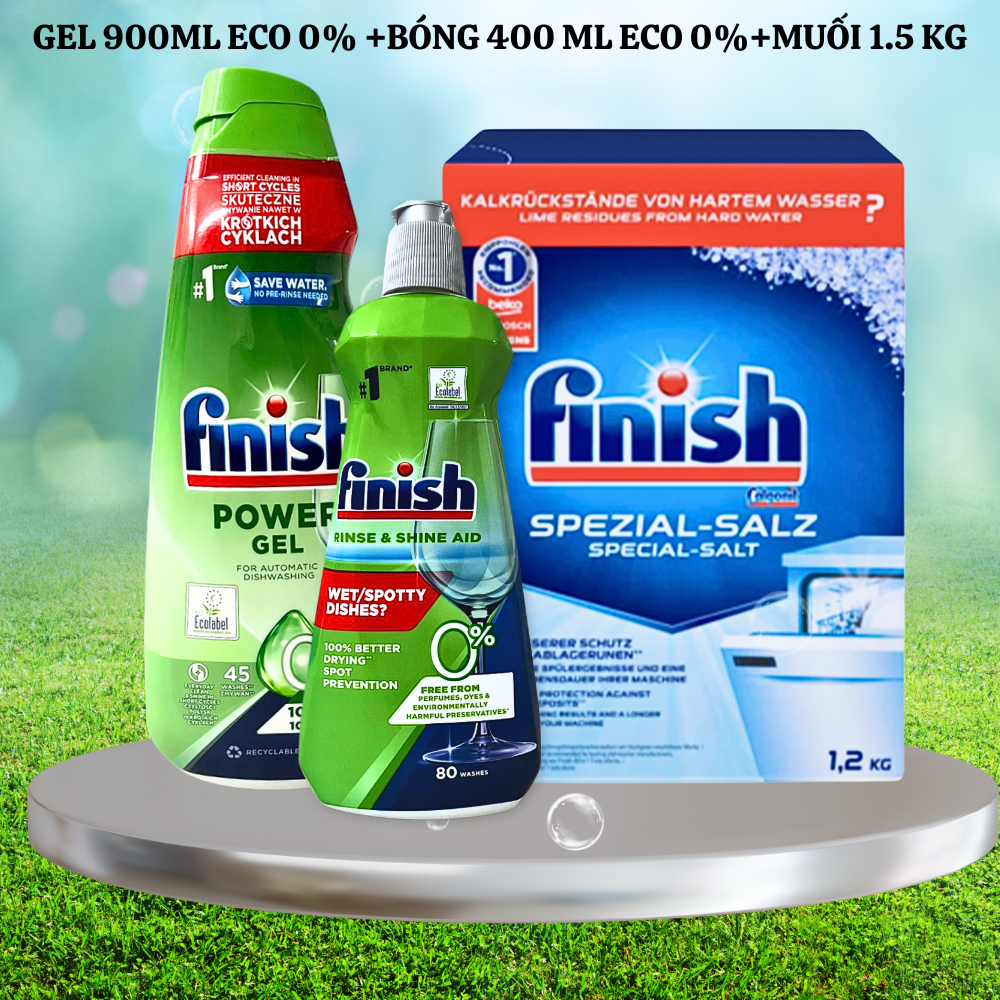 Combo Nước rửa bát finish Eco 900ml + dung dịch dầu bóng finish Eco 400ml + Muối làm mềm nước finish 1,5kg