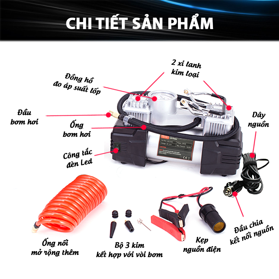 Máy bơm lốp ô tô 2 xi lanh có đèn CIND CD-P006TL 2