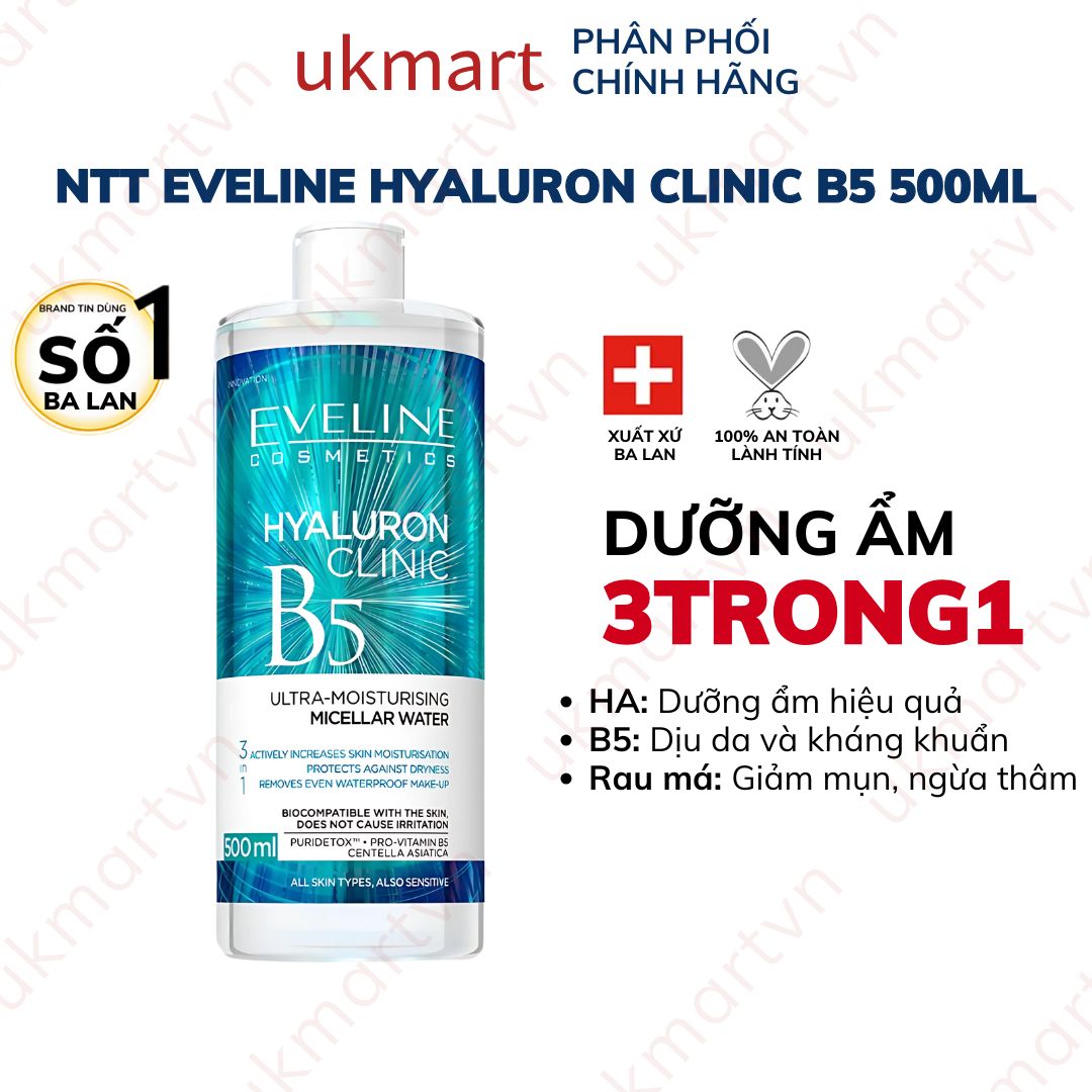 Nước Tẩy Trang Eveline Hyaluron Clinic B5 Và Tinh Chất Rau Má Làm Dịu, Dưỡng Ẩm Phục Hồi Da 500ML