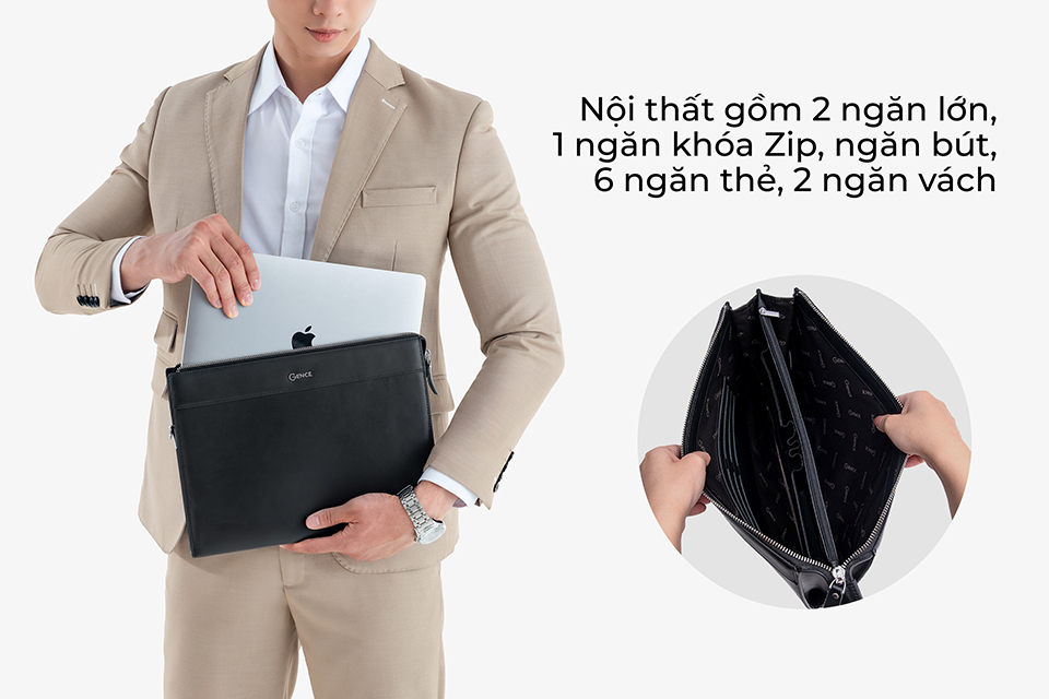 Ví Cầm Tay Nam Clutch Da GENCE CL07 Da Bò Cao Cấp Màu Đen Có Dây Đeo Vai