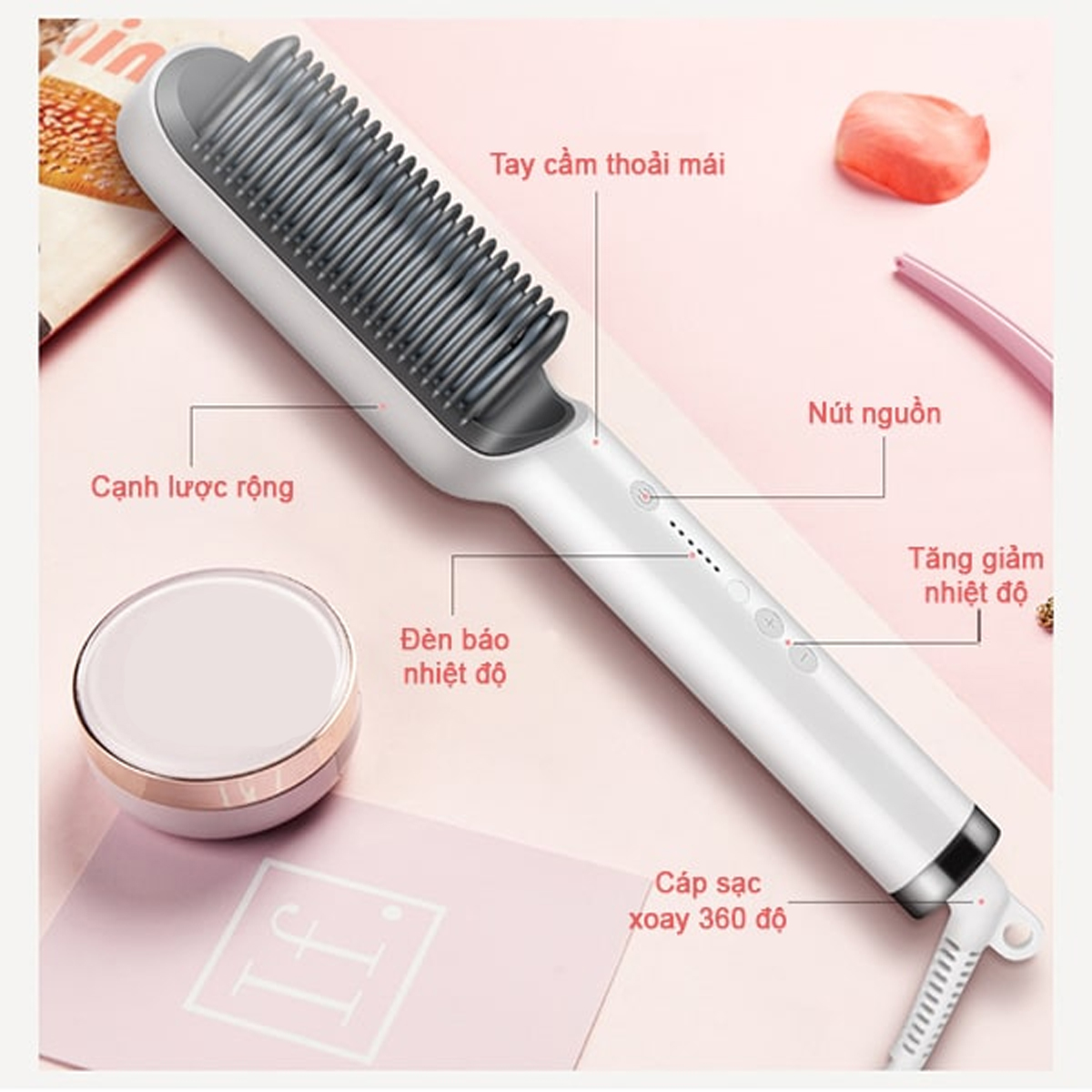 Lược Điện Chải Tóc, Công Suất 45W, Giúp Tóc Bồng Bềnh, Óng Mượt; Làm Xoăn, Duỗi Thẳng Dễ Dàng, Có Đèn Cảnh Báo Nhiệt Độ, Tăng Giảm Nhiệt Độ Dễ Dàng- Hàng Chính Hãng 