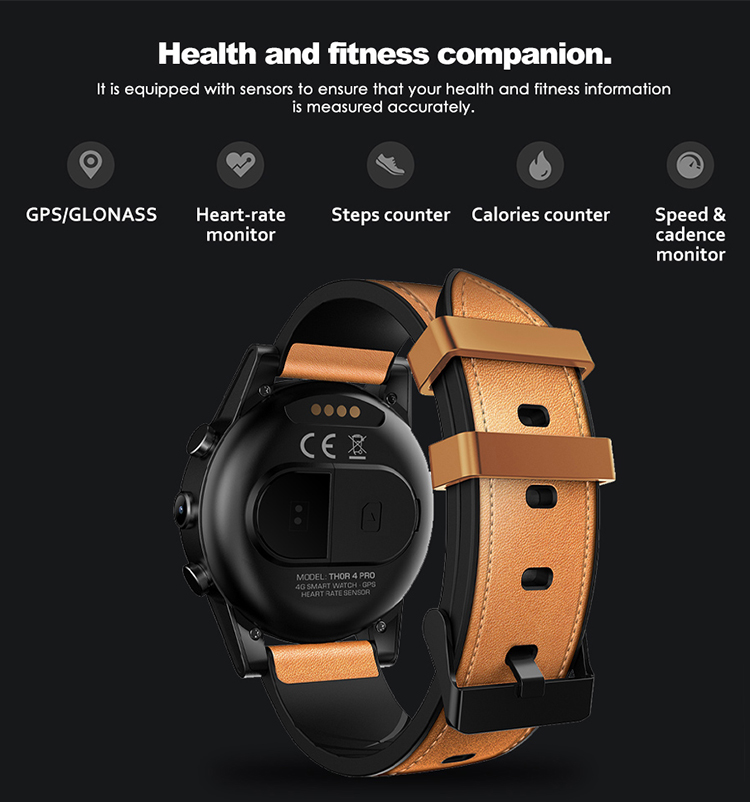 Zeblaze Thor 4 PRO 4G LTE Smart Watch Phone Android 7.1.1 Quad Core 1GB+16GB 320*320 Pixel 5MP Camera 600mAh 1.6-Inch - Brown