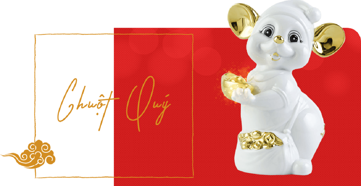 Chuột Quý Trang Trí Vàng 24K Gốm Sứ Minh Long