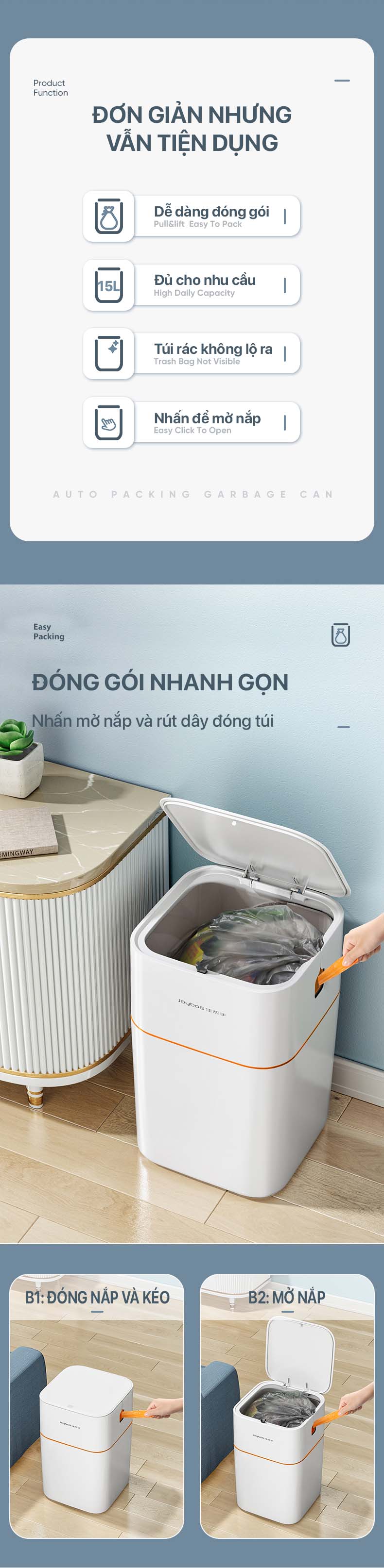 Thùng rác tự động đóng gói Joybos ZFY39 dung tích 15 lít