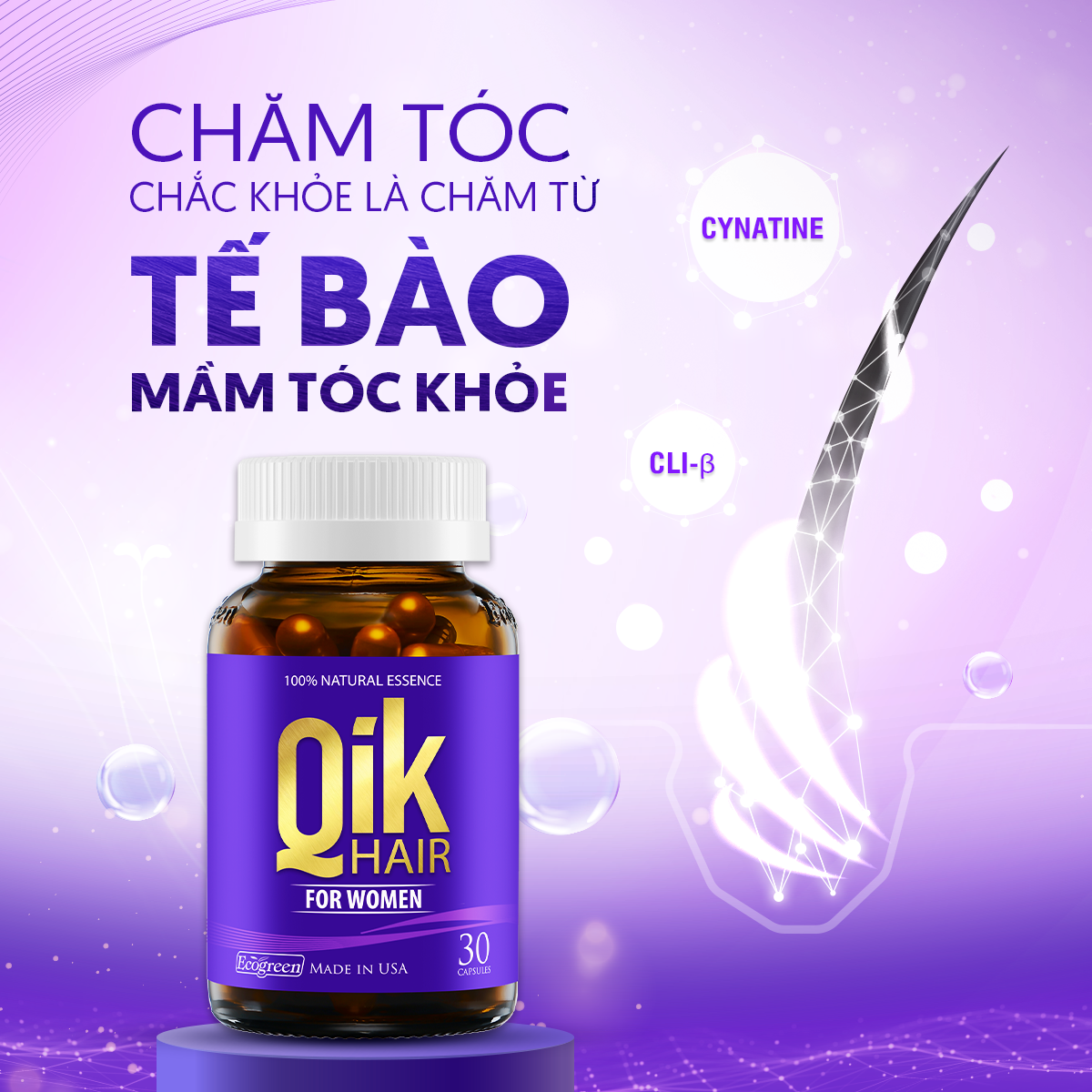 [Hộp 30v] Viên Uống Kích Thích Mọc Tóc Qik Hair For Women Ecogreen Giảm Rụng Tóc Cho Nữ