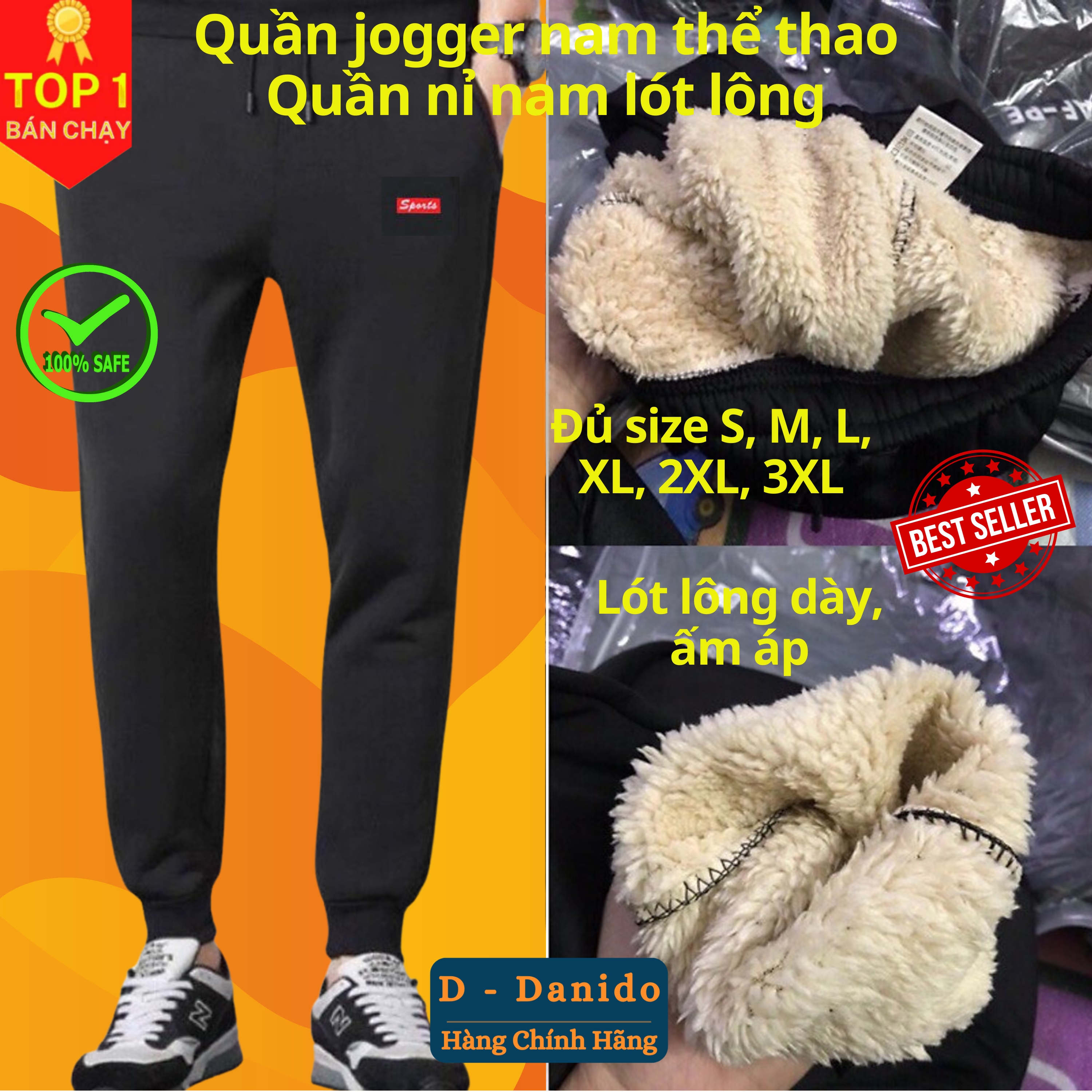 Quần gió lót lông QD2 ấm áp thời trang cho nam, Quần nỉ jogger lót lông QD1 sang trọng và dày dặn D Danido