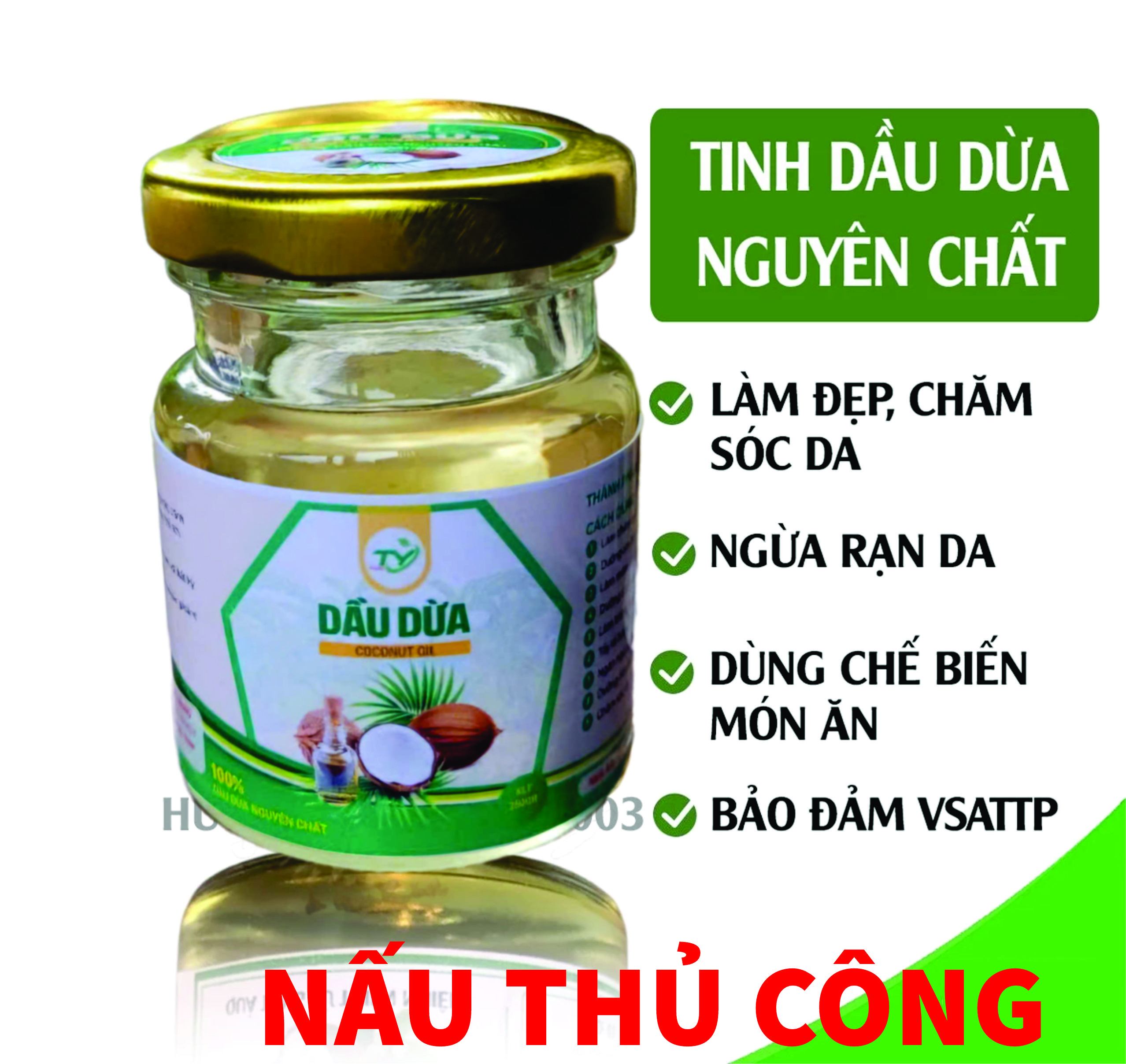 Tinh Dầu Dừa Nấu Thủ Công nguyên chất dưỡng da, dưỡng tóc, dưỡng môi handmade