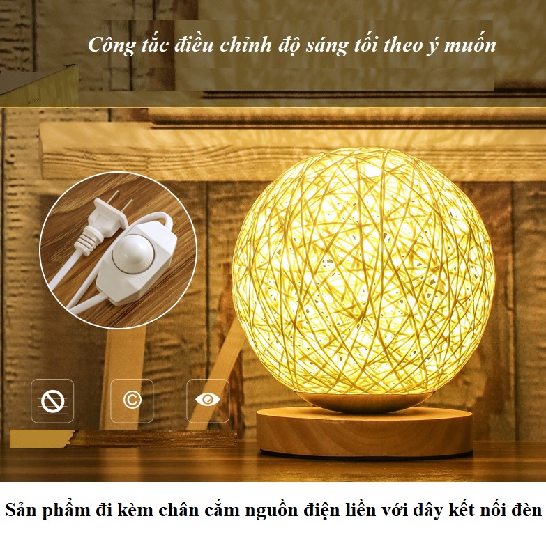 Đèn Ngủ Để Bàn Quả Cầu Mây - Đèn Trang Trí Phòng Ngủ Decor Phong Cách Bắc Âu Độc Đáo, Bóng Led Điều Chỉnh Được Độ Sáng