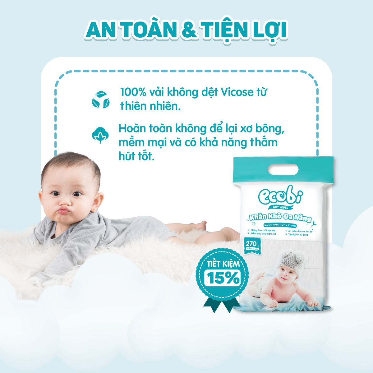 Khăn khô đa năng cao cấp cho bé EcoWipes Ecobi không mùi không paraben an toàn cho da bé