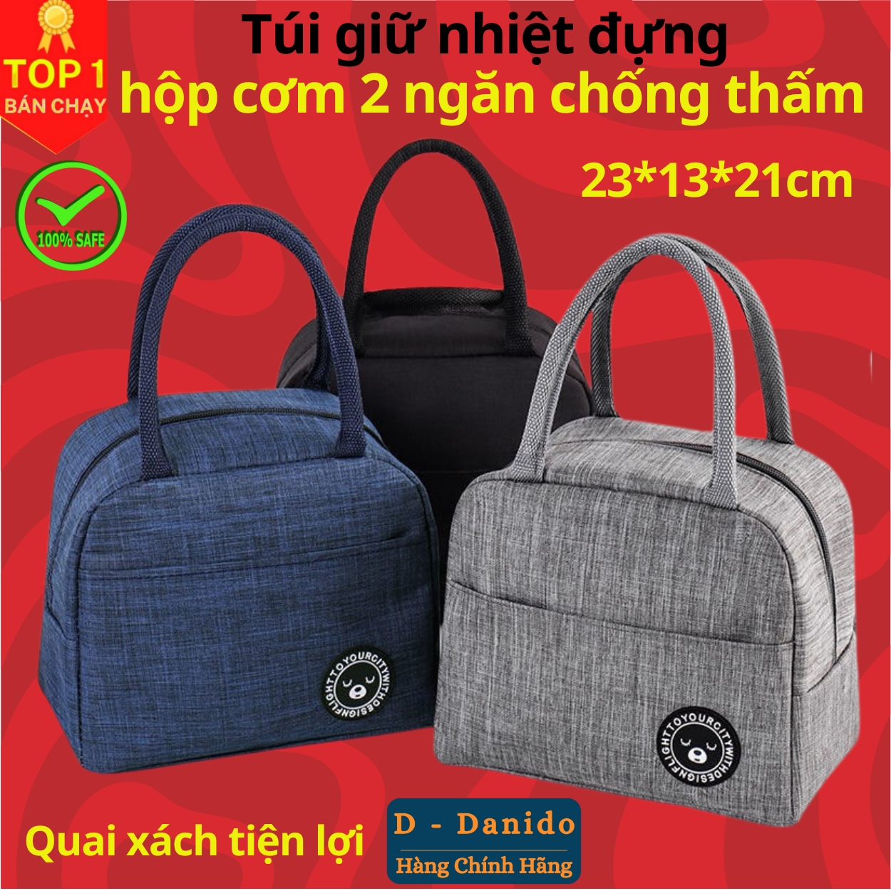 Túi giữ nhiệt đựng hộp cơm 2 ngăn cao cấp - Túi giữ nhiệt đựng cặp lồng cơm chống thấm nước chính hãng D Danido
