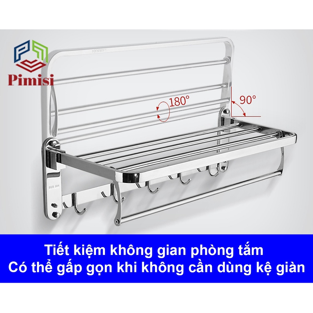 Giá Treo Khăn Tắm Inox 304 Pimisi Có Móc Áo Quần, Với Vắt Khăn Giàn Gấp Gọn Đa Năng Và Thanh Đơn Treo Khăn Mặt Kèm Đinh Ốc Vít Nở Gắn Tường Bằng Khoan Trong Nhà Vệ Sinh | Hàng Chính Hãng