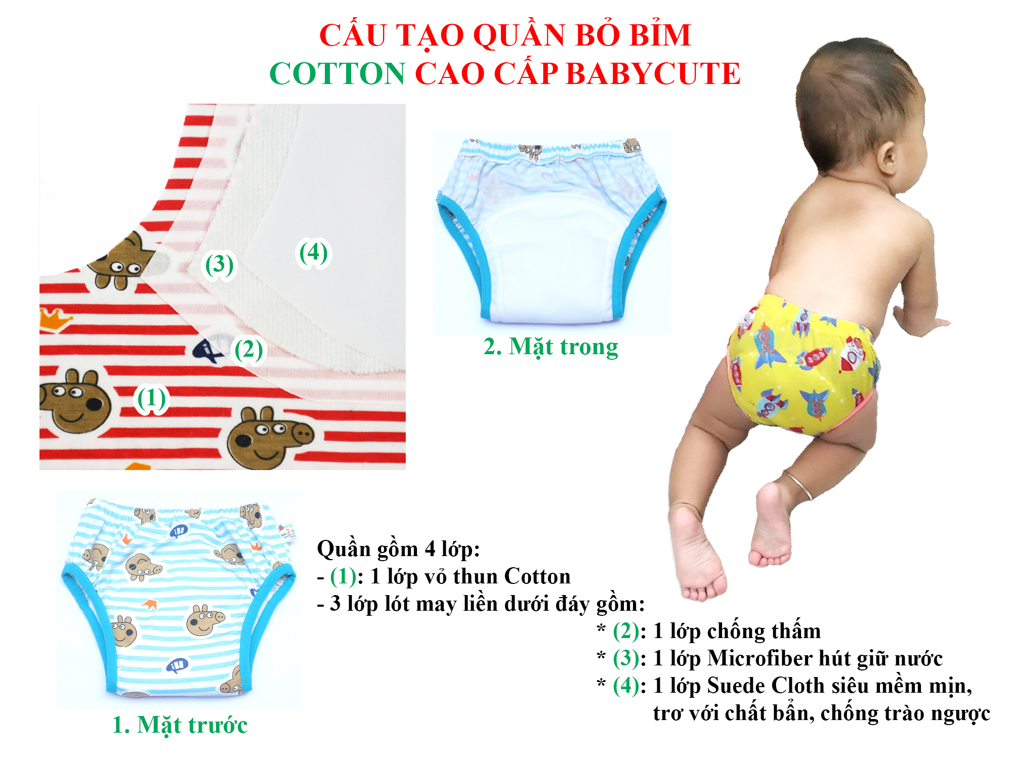 Combo 2 Quần bỏ bỉm Cotton BabyCute size 1, 2, 3 - Giao mẫu ngẫu nhiên bé TRAI