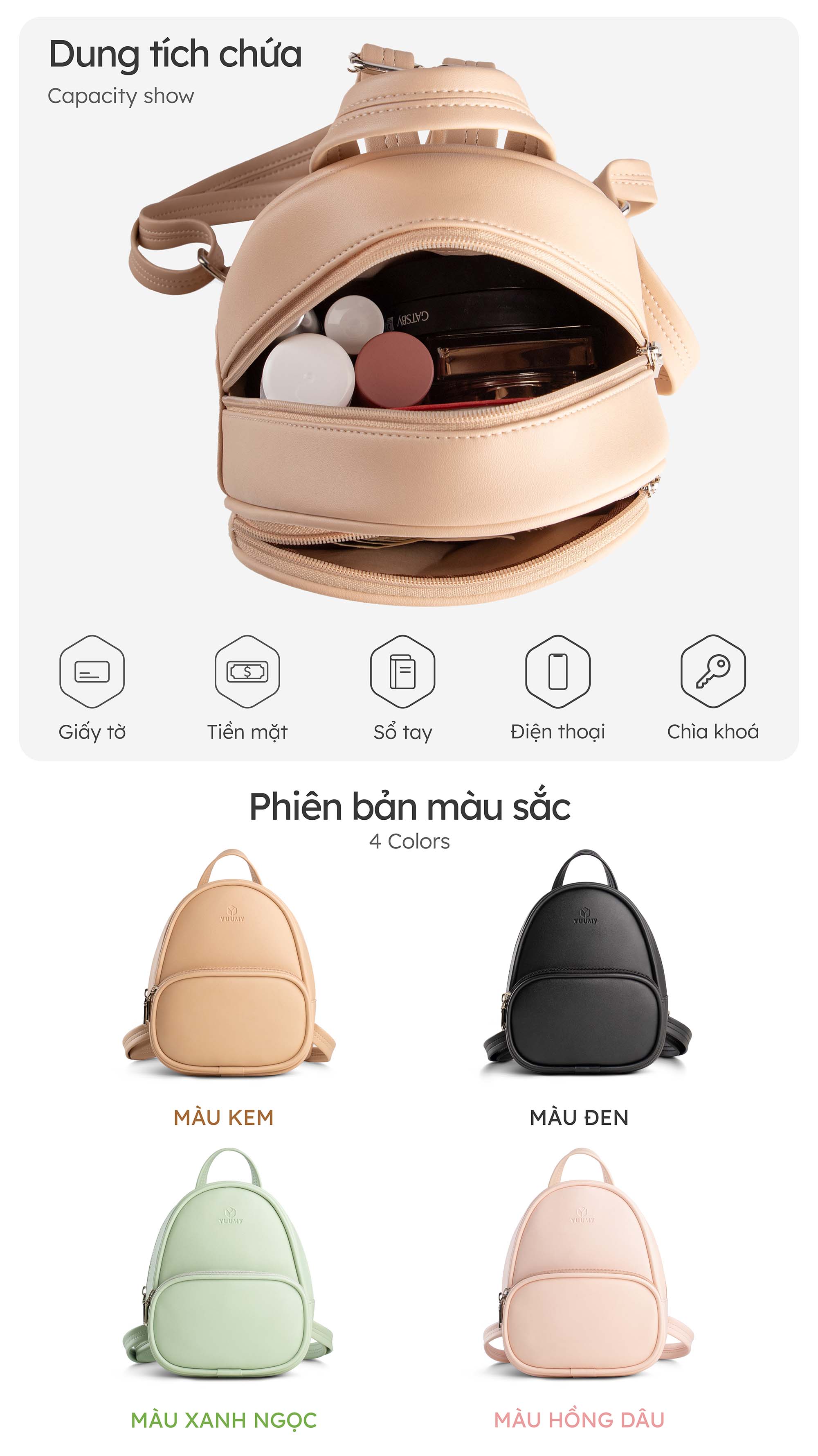 Balo Yuumy ( Thời trang nữ phong cách dễ thương - Balo da Seasand YBA105 )