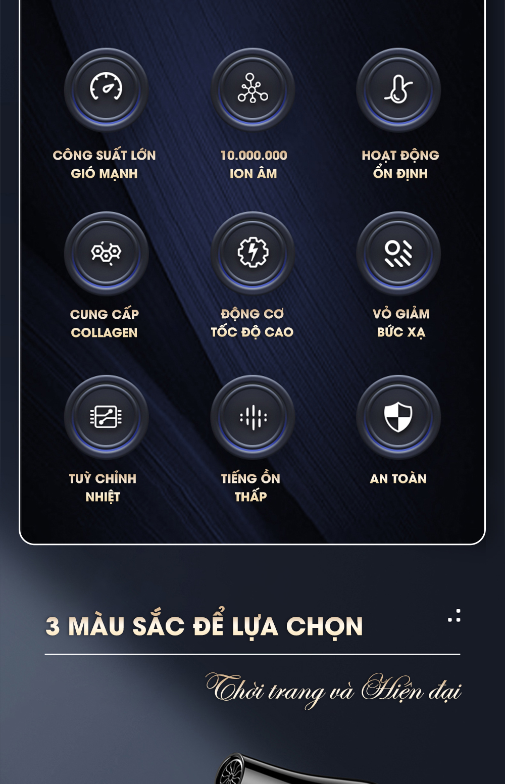 Máy sấy tóc CWELL công suất lớn 1800W-2500W C03HD, 6 chế độ tùy chỉnh nóng/lạnh, thiết kế chuẩn Salon