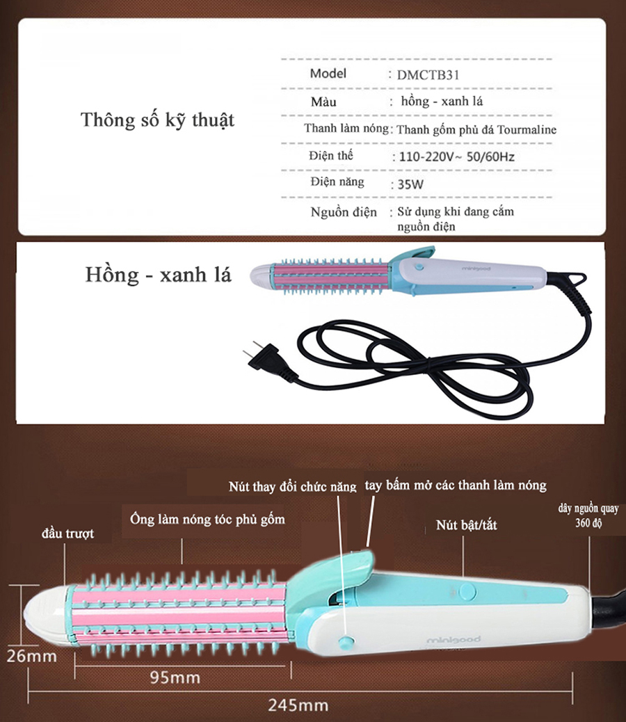 Máy uốn bấm duỗi tóc 3 trong 1 Minigood Hàn Quốc DMCTB102 - Màu hồng xanh lá
