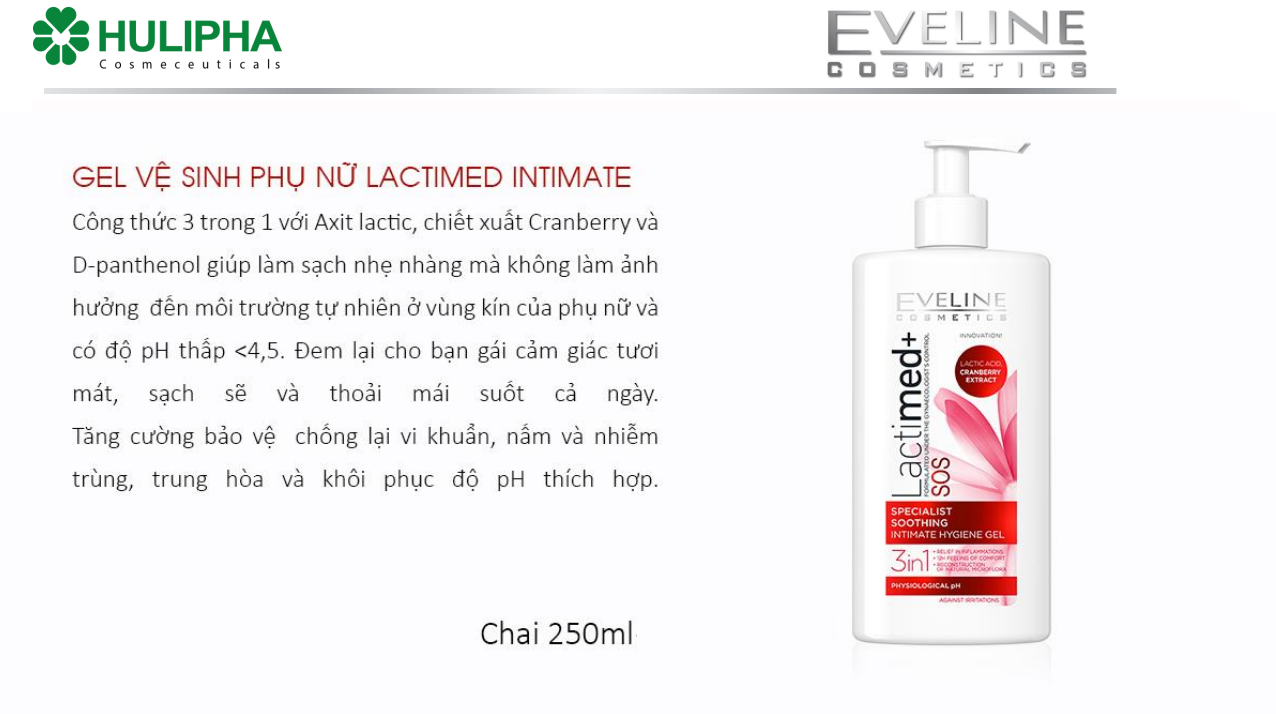 Gel vệ sinh phụ nữ Lactimed Eveline tăng cường bảo vệ chống lại vi khuẩn, nấm và nhiễm trùng - Chai 250ml 1