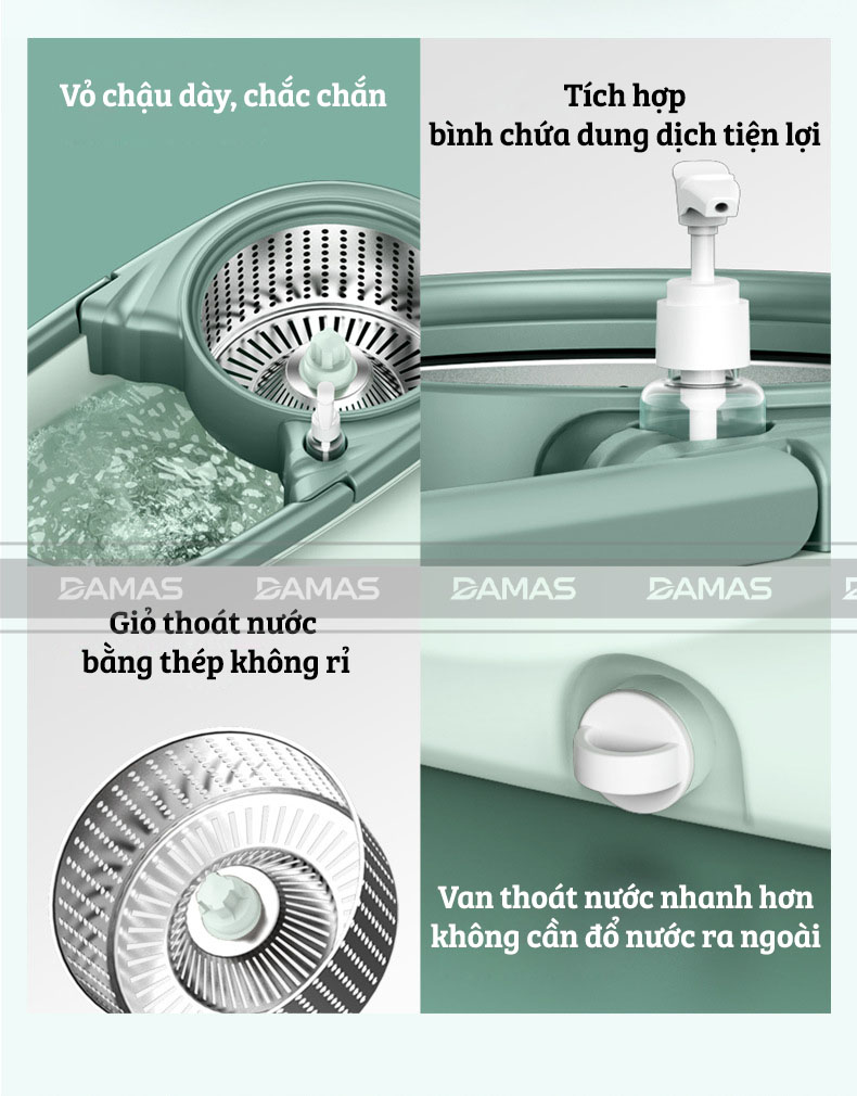 Bộ Cây Lau Nhà Tự Vắt Thông Minh Damas G720 - Chổi Lau Xoay 360 Độ, Giặt Sạch Vắt Khô Nhanh Chóng - Thiết Kế Nâng Cấp Bổ Sung Tay Kéo Giúp Di Chuyển Dễ Dàng - Chất Liệu Nhựa PP Cao Cấp Chống Mài Mòn Gia Tăng Thời Gian Sử Dụng - Hàng Chính Hãng
