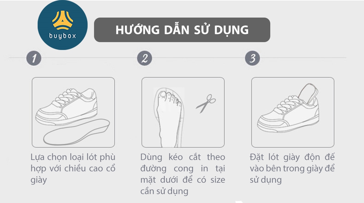 Hướng dẫn sử dụng Lót giày độn đế tăng chiều cao buybox tăng 1.5cm, 2.5cm, 3.5cm