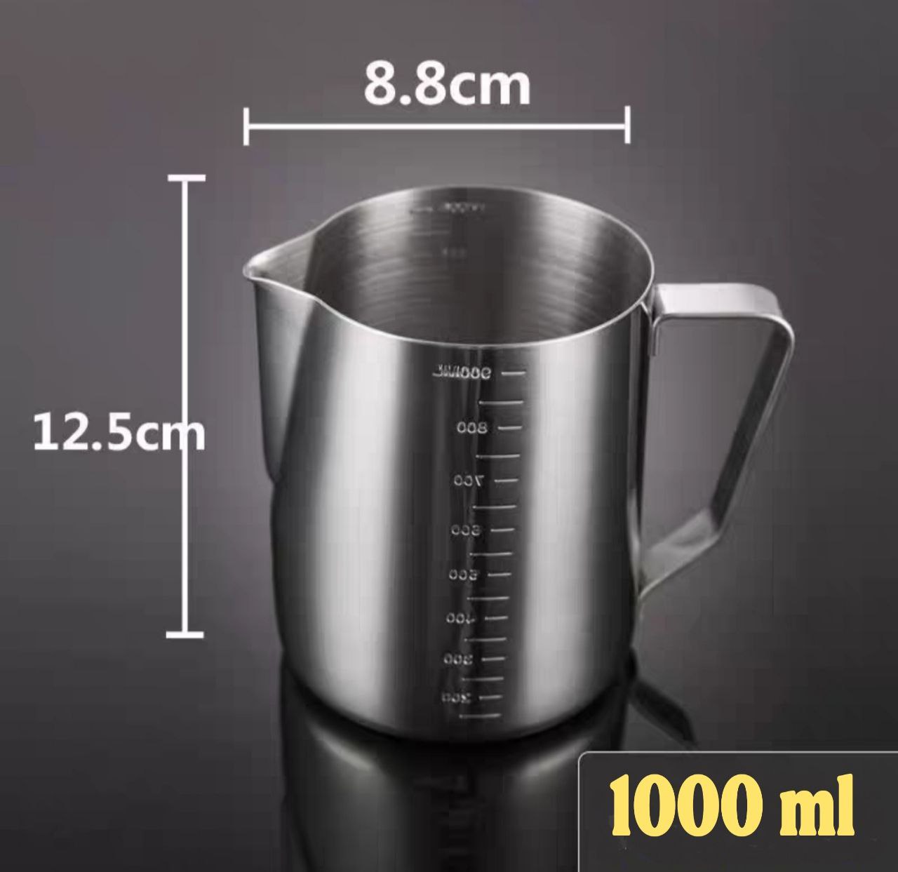Ca đánh sữa pha chế đồ uống dành cho nhà hàng khách sạn quán bar  - ca inox 304 đánh sữa có quai, chia vạch CNC dõ nét chính sác dành cho cà phê Cappuccino/Latte
