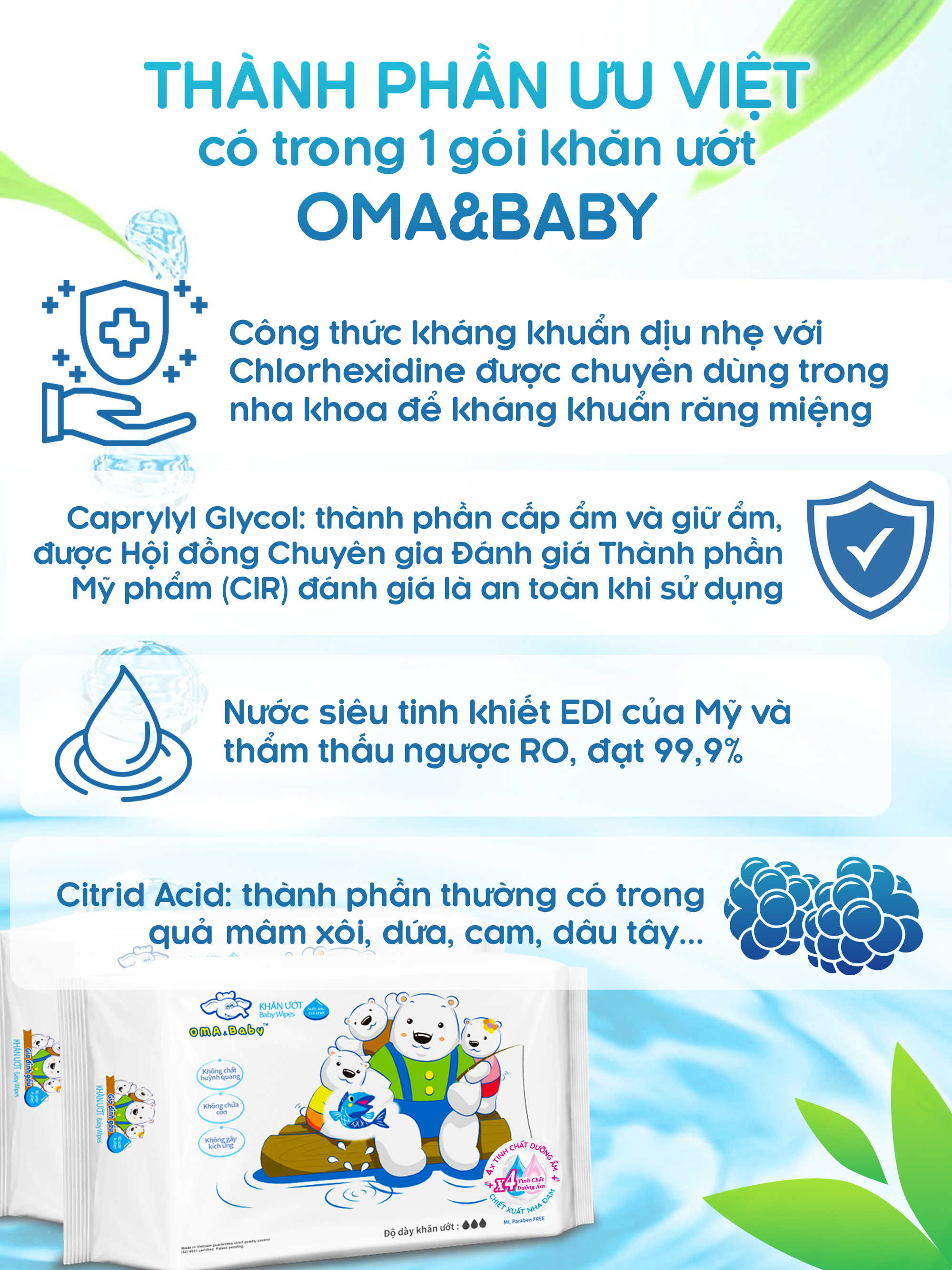 Combo ( 2+ 2) 2 gói 85 tờ + 2 gói 25Khăn ướt làm sạch tinh khiết dành cho bé Oma&Baby với công thức Chlorhexidine Digluconate kháng khuẩn an toàn, dịu nhẹ trong khăn - Combo (2+2) packages of Oma&Baby premium baby wet wipes ( 85 sheets per package 2 + 2 8