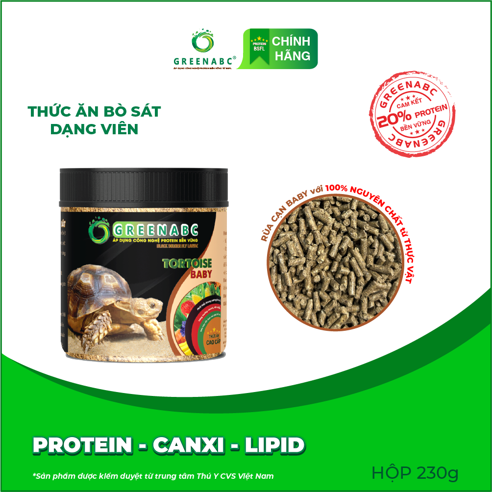 Thức ăn bò sát Rùa Cạn GREENABC - Tortoise – Sulcata – Sản phẩm từ thực vật cung cấp dưỡng chất đầy đủ , mai cứng, tăng đề kháng, hạn chế urat – Hộp 230g
