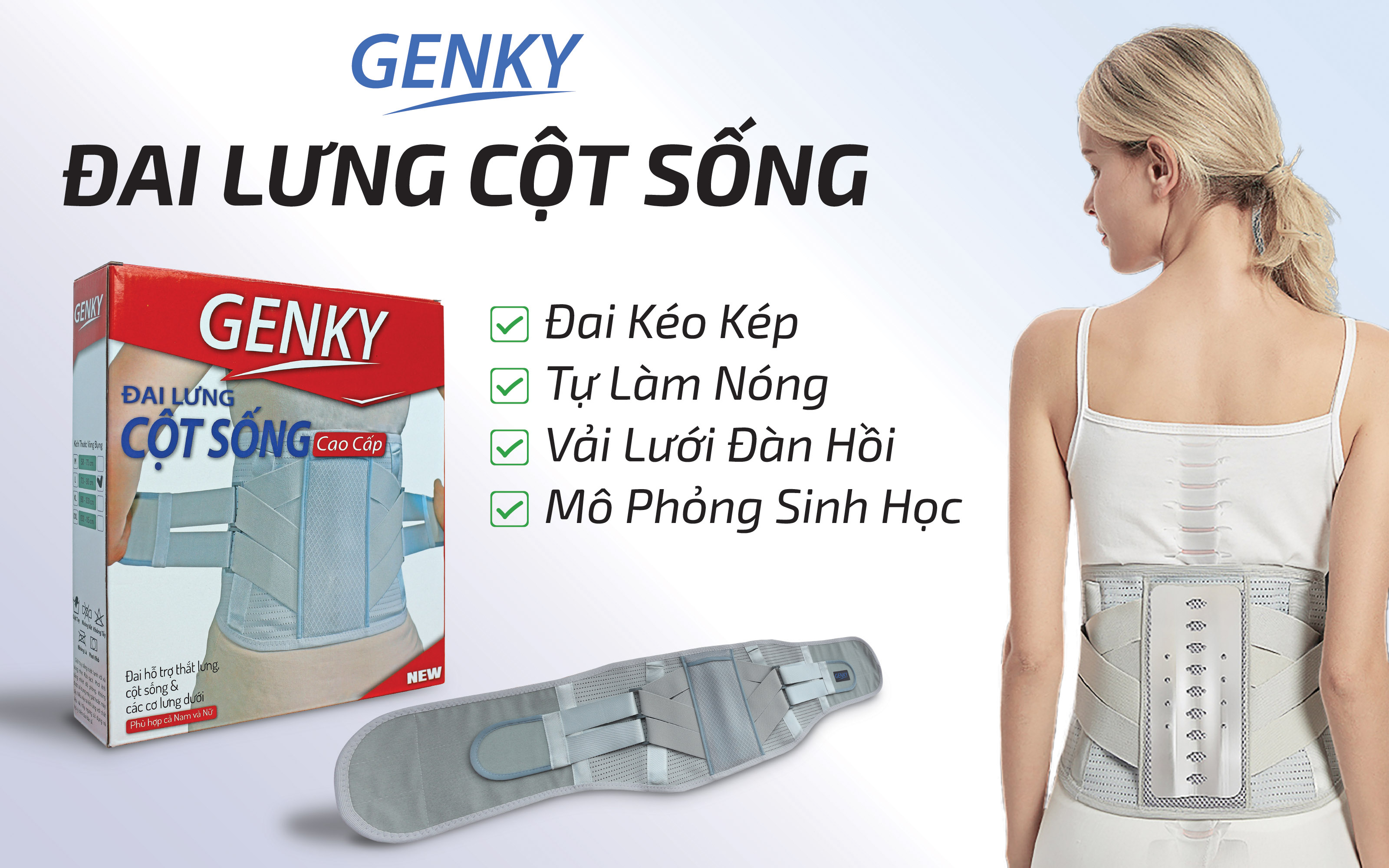Đai lưng cột sống Genky, hỗ trợ thoát vị, thoái hóa, đau lưng