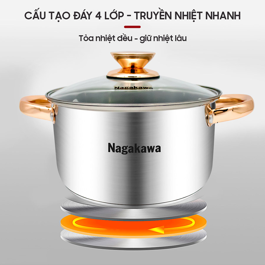 Bộ 3 nồi inox 4 đáy Nagakawa NAG1306 (16cm, 20cm, 24cm) - Quai mạ vàng - Dùng trên mọi loại bếp - Hàng Chính Hãng