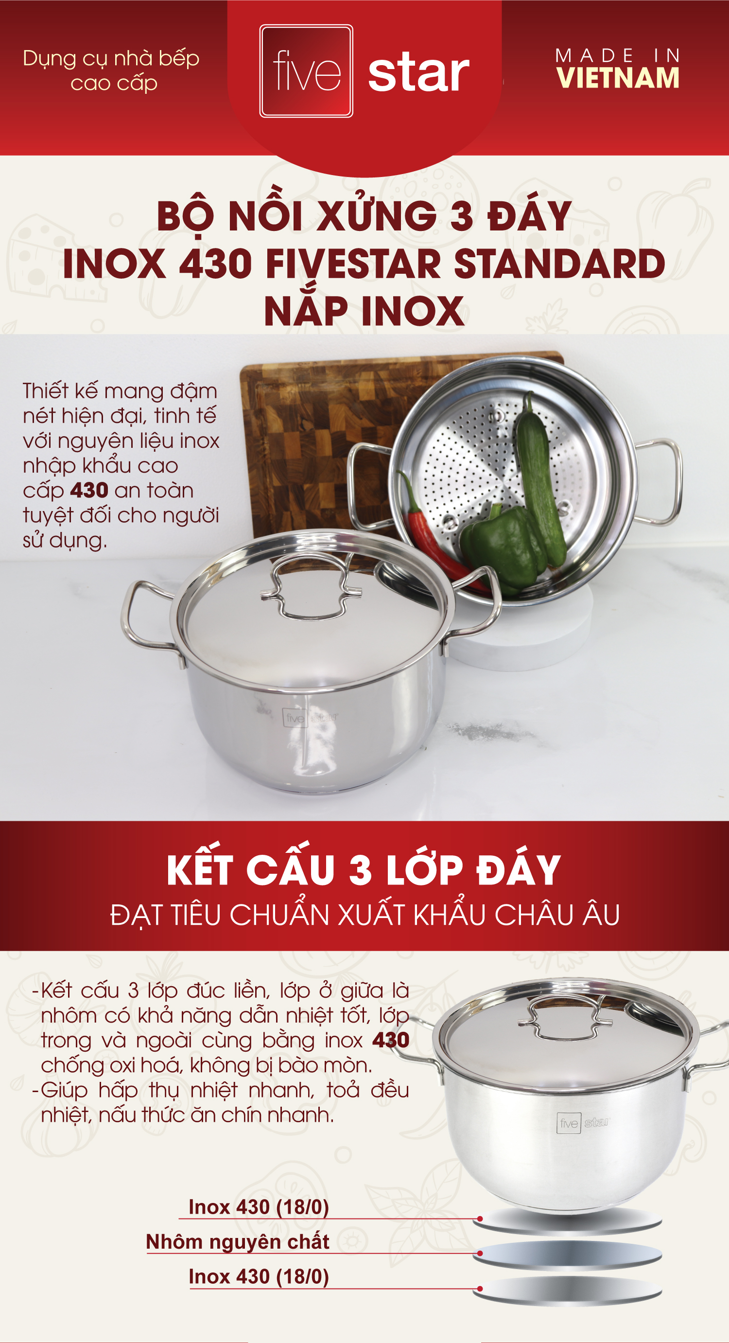 Xửng hấp inox Fivestar 3 đáy từ nắp inox