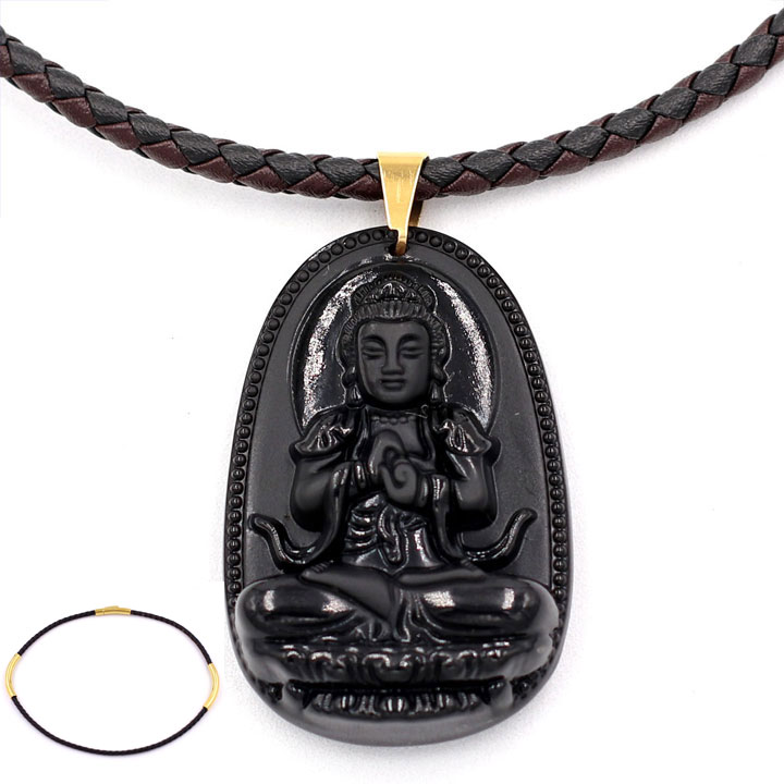 [Tuổi Mùi, Thân] Dây Chuyền Mặt Phật Đại Nhật Như Lai Thạch Anh Đen 5cm + Dây Da - Mặt Size Lớn - Tặng Kèm Móc Inox - May Mắn - Bình An