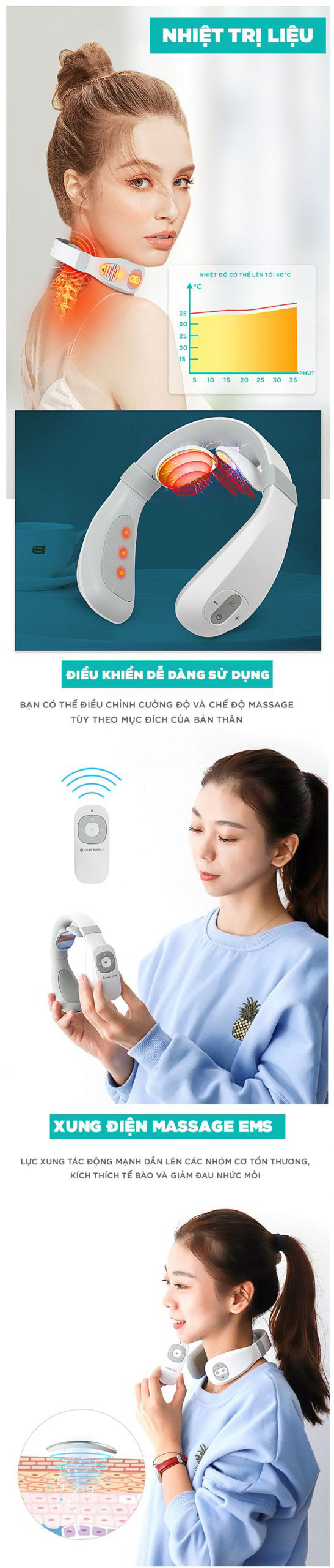 Máy Massage Cổ Vai Gáy Chuyên Sâu KINGTECH - Sử Dụng Xung Điện Kết Hợp Nhiệt Trị Liệu - Quà Tặng Cao Cấp - Chính Hãng