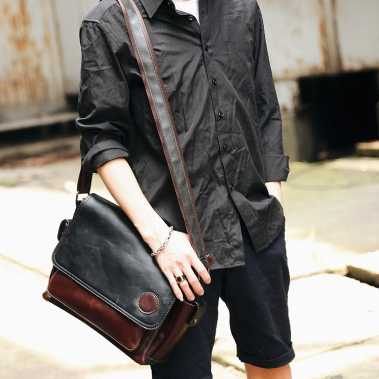 Men's Casual Sling Bag Crazy Horse Leather Cross Body & Shoulder Messenger Bag Etonweag - Black