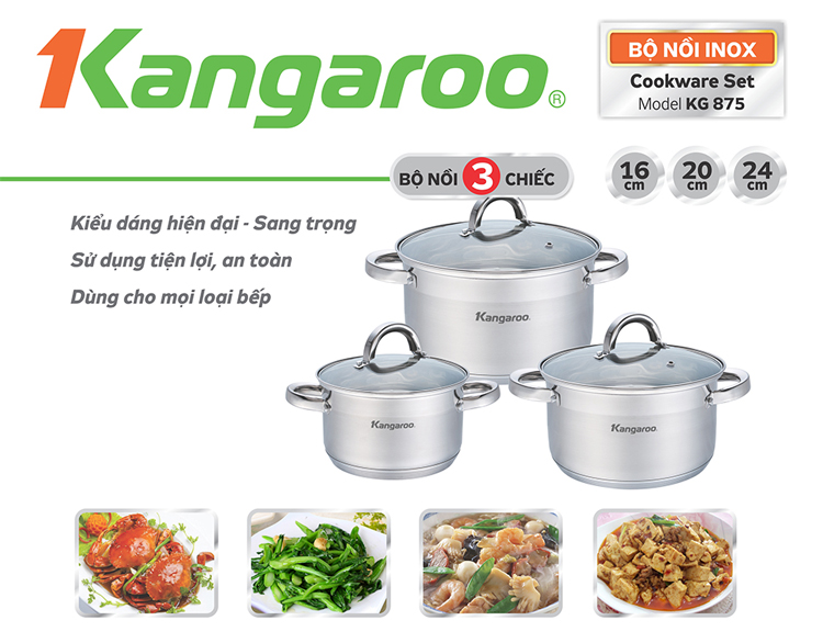 Bộ 3 Nồi Inox Nắp Kính Đáy 5 Lớp Kangaroo KG875