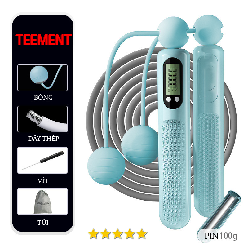 Dây Nhảy Thể Thao Lõi Thép Cao Cấp Teement Tự Động Đếm Số, Tích Hợp Đo Calo, Quãng Đường, Độ Dài Dây Tùy Chỉnh, Chiều Dài 3m, Trục Xoay 360 Độ  - Kèm Bóng Xoay, Tạ Điều Chỉnh Khối Lượng - Hàng Chính Hãng