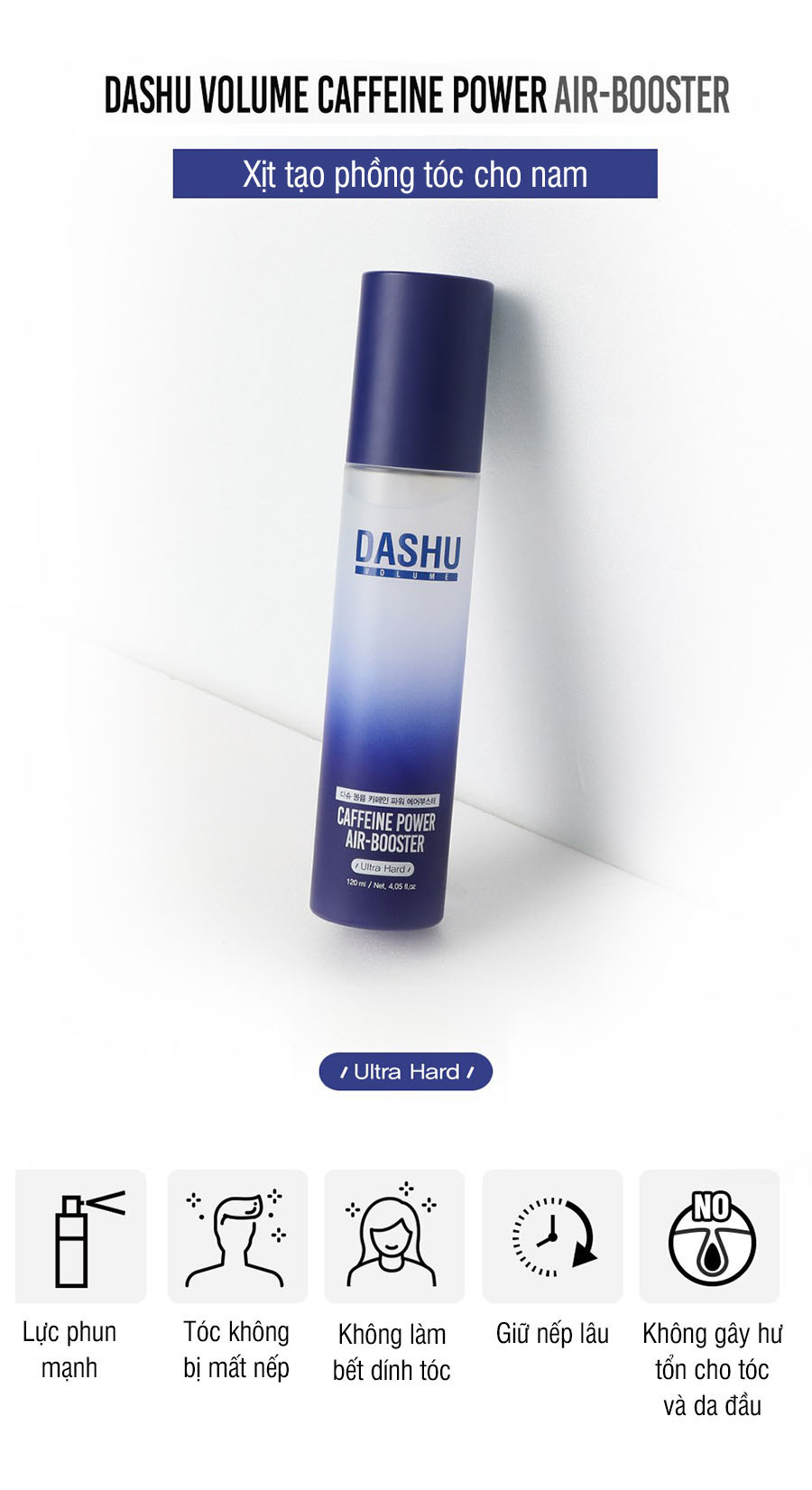 Mua Chai tạo phồng tóc cho nam keo xịt tạo kiểu tóc giữ nếp không làm hư  tổn tóc DASHU Caffeine Power Air Booster 120ml Ultra Hard JNXT04