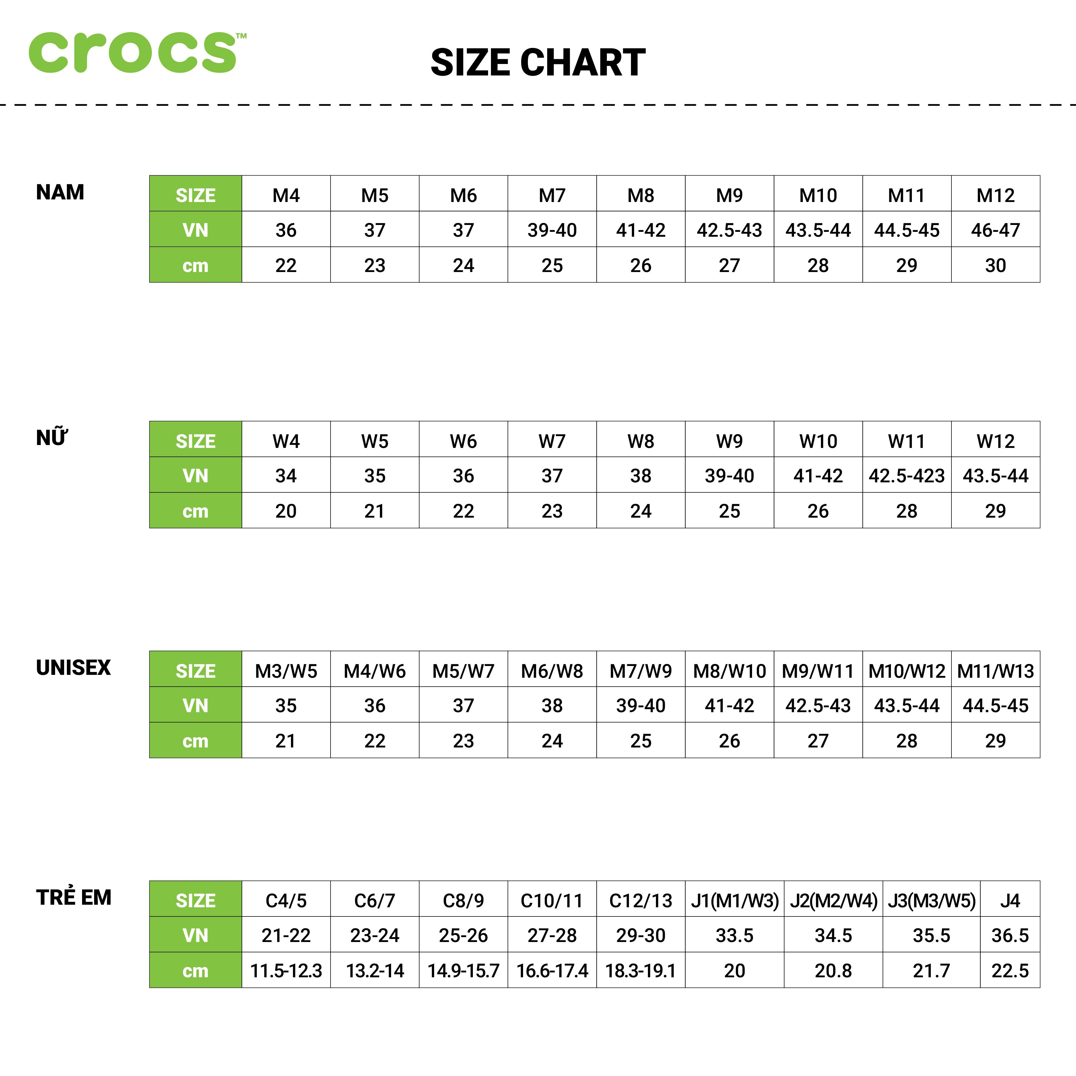 Chọn size cho Crocs