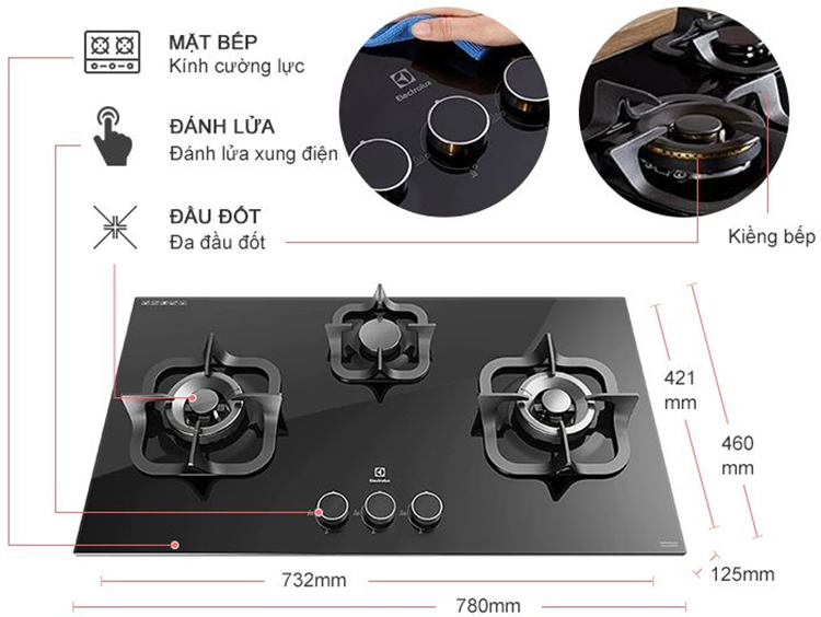 Bếp Gas Âm 3 Bếp Electrolux EGT7838CK (78cm)