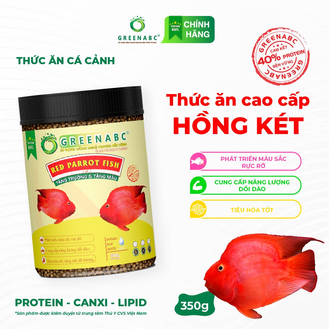 Thức ăn Cá Hồng Két GREENABC – Protein 40, tăng kích thước, lên màu đẹp – Hộp 350g