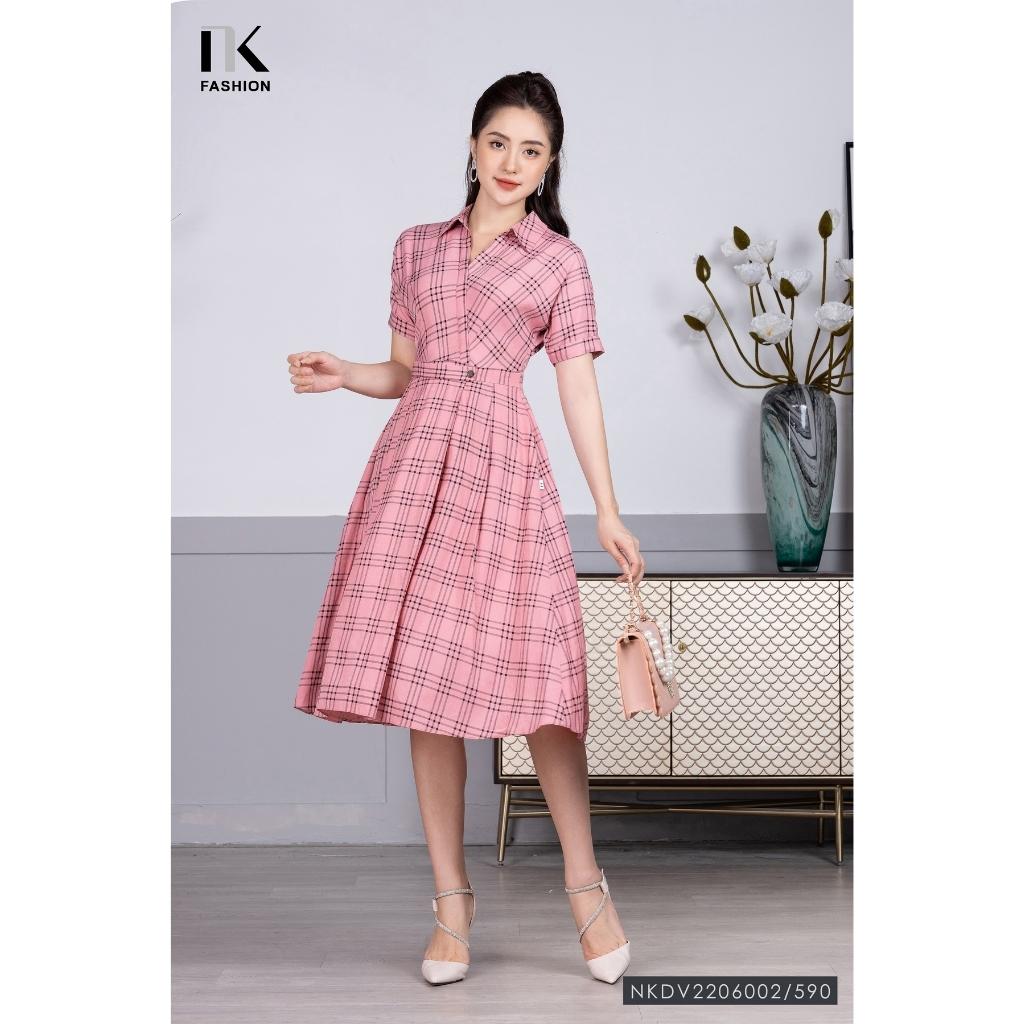 Đầm Tay Cánh Dơi NK Fashion Thiết Kế Xếp Ly Hoạ Tiết Kẻ Ô Xinh Xắn, Chất Vải Mềm Nhẹ NKDV2206002
