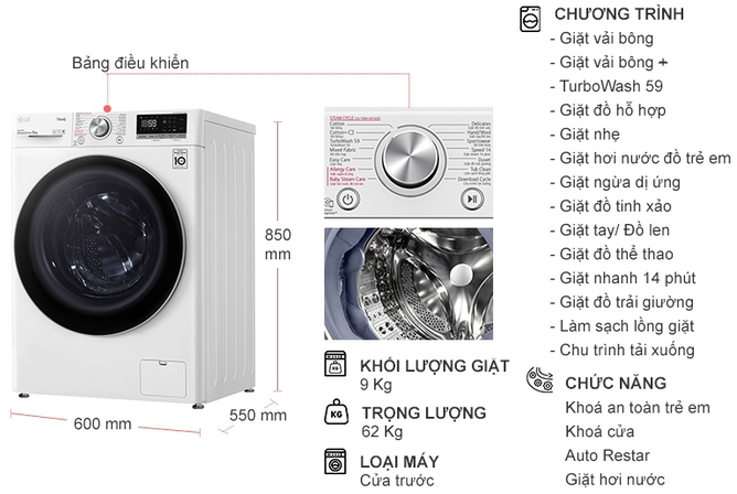Máy giặt LG Inverter 9kg FV1409S3W - Chỉ giao Hà Nội