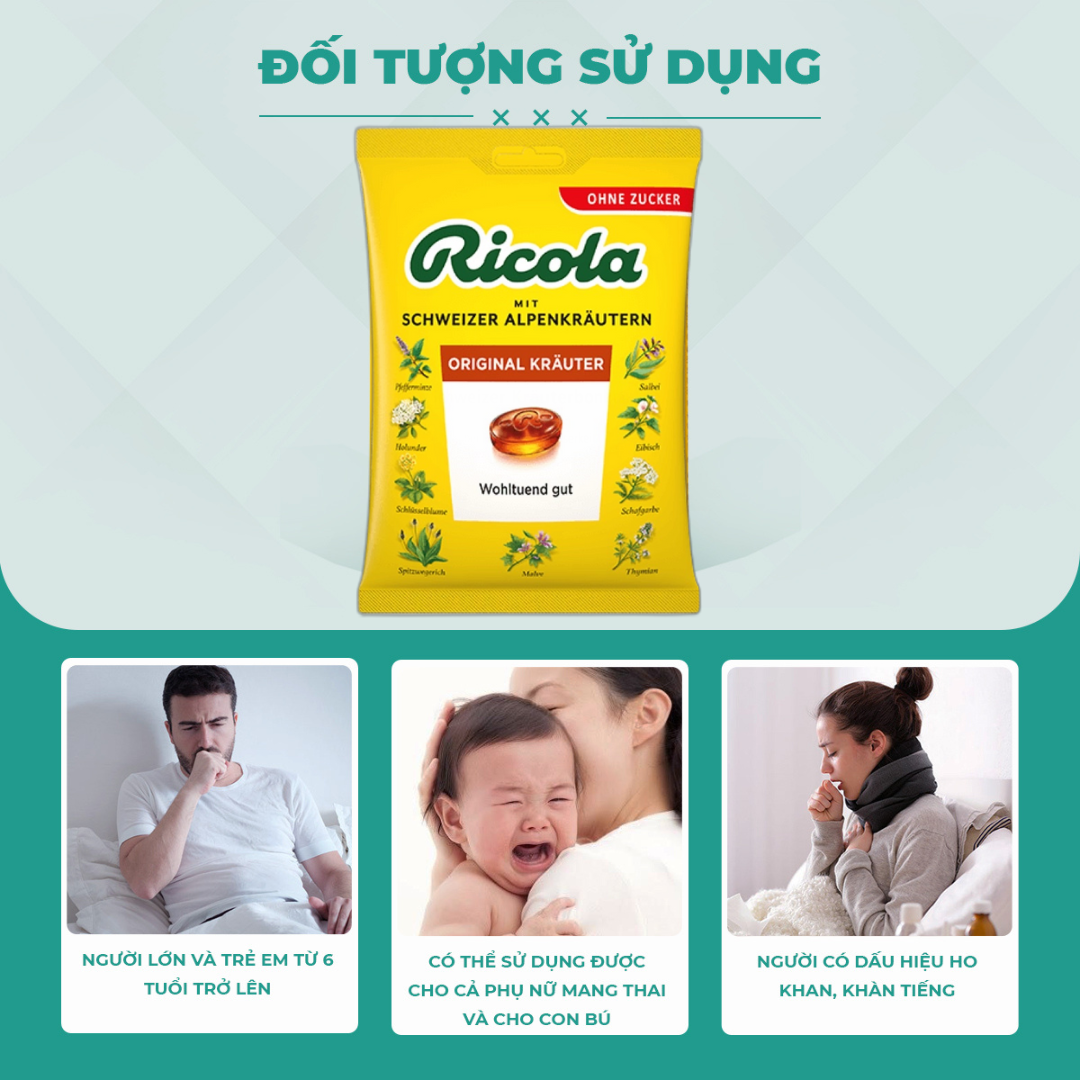 Kẹo ngậm đau họng Ricola Shweizer Krauterzucker tạo cảm giác dịu nhẹ và thơm mát miệng và cổ họng - QuaTangMe Extaste