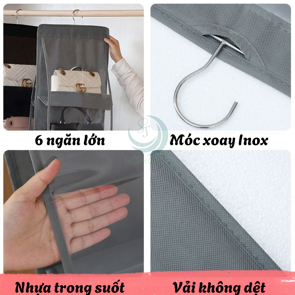 Túi treo bảo quản túi xách đa năng 6 ngăn- Kệ vải treo túi xách thông minh- Tổ chức túi xách treo tủ tiết kiệm không gian- Túi đựng túi xách treo tủ có móc- Giá treo túi xách ngăn cách chống bụi