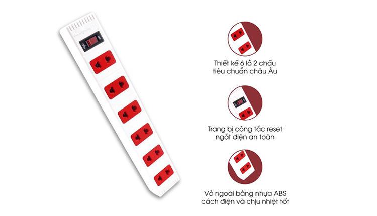 Ổ Cắm 6 Lỗ 2 Chấu Dây 2 Mét Điện Quang ĐQ ESK 2WR 62ECO - Trắng Đỏ