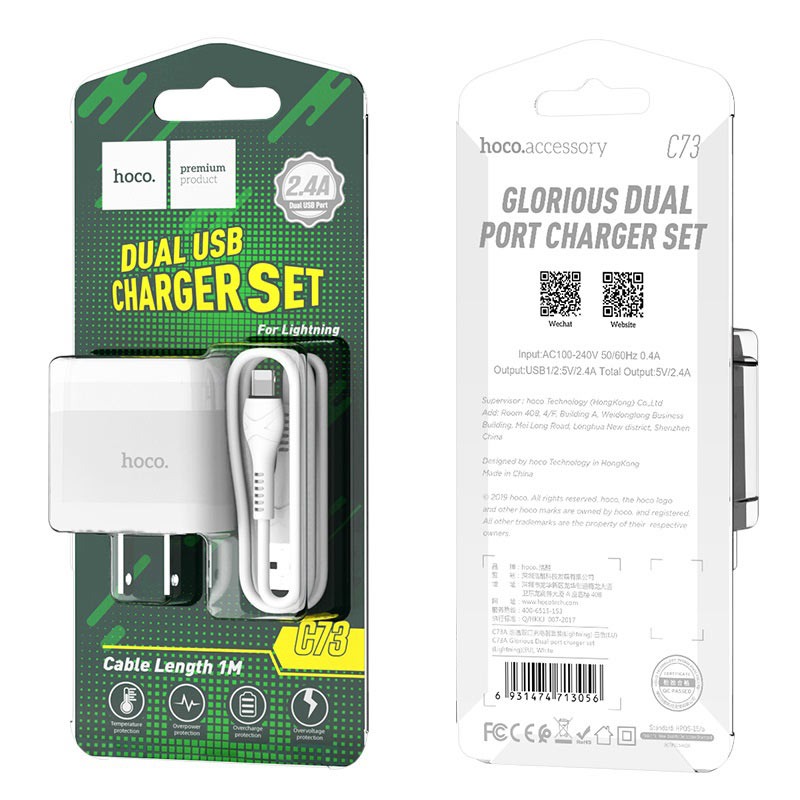 Bộ Sạc Cho Iphone Hoco C73 2 cổng usb sạc nhanh 2.4A sạc 2 thiết bị cùng lúc, ổn định dòng điện - Hàng Chính Hãng