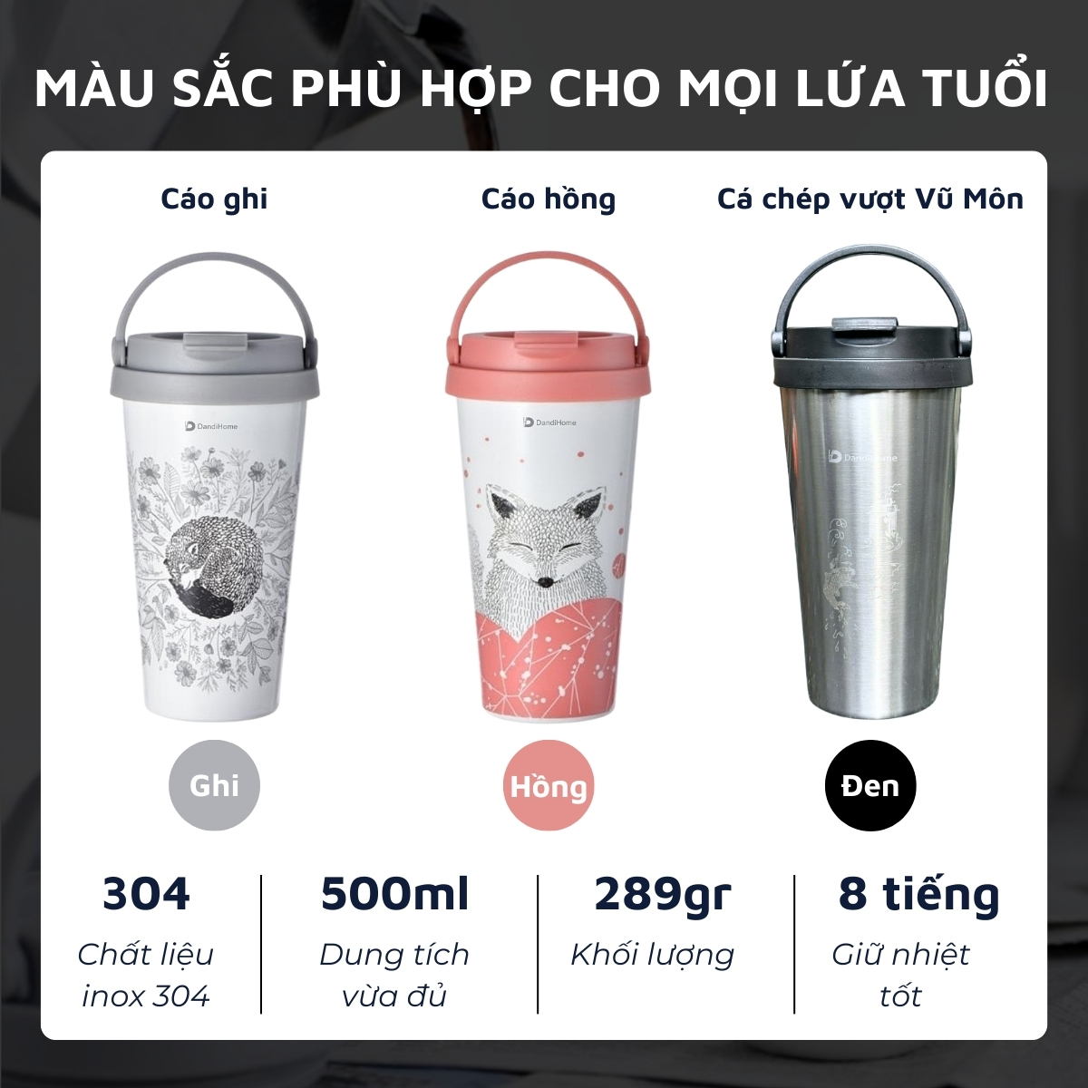 Cốc (Ly) cách nhiệt, giữ nhiệt DandiHome inox 304 (500ml)
