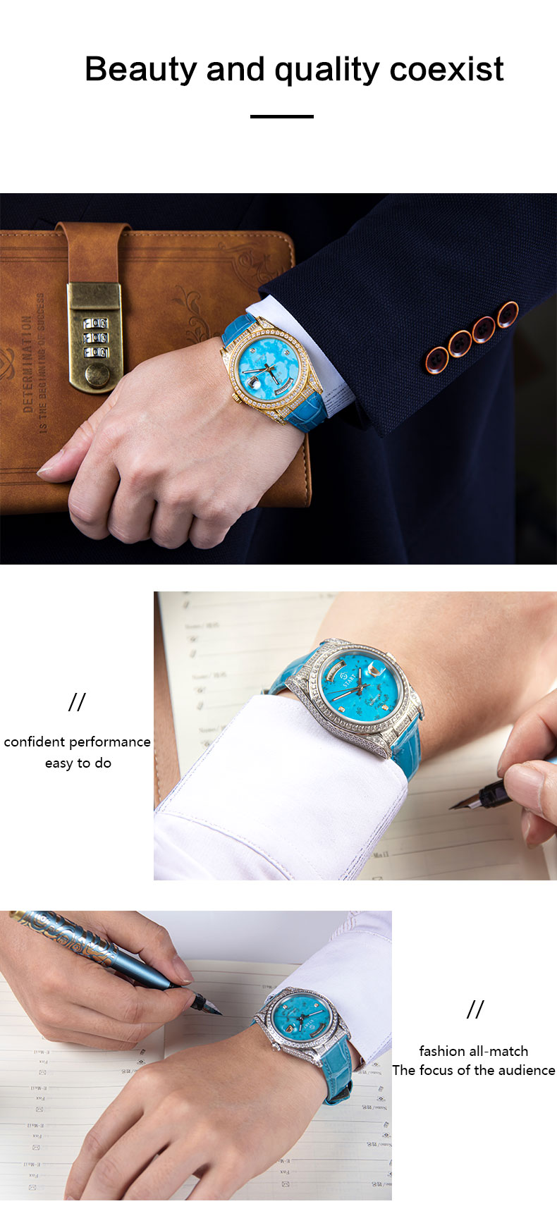 【START】Đồng hồ nam đá ngọc lam tự nhiên（Turquoise）đồng hồ kim cương chức năng hiển thị thứ ngày  đồng hồ cơ tự động dây da cá sấu Khóa bướm