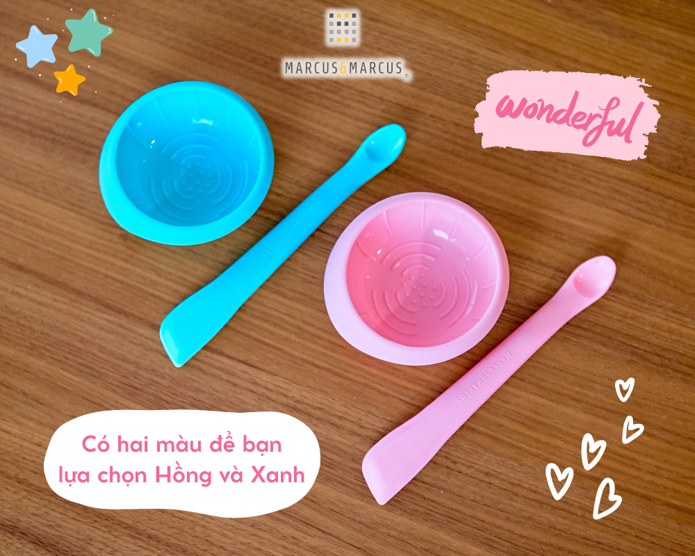 Bộ bát và thìa nghiền thức ăn silicon cho bé Marcus & Marcus, từ 6 tháng - Hồng